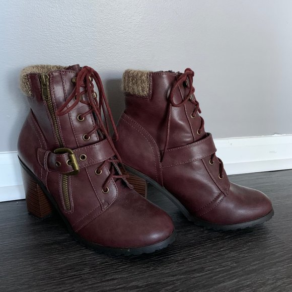 Shoedazzle Maroon high heel boots with buckle. - Picture 3 of 3